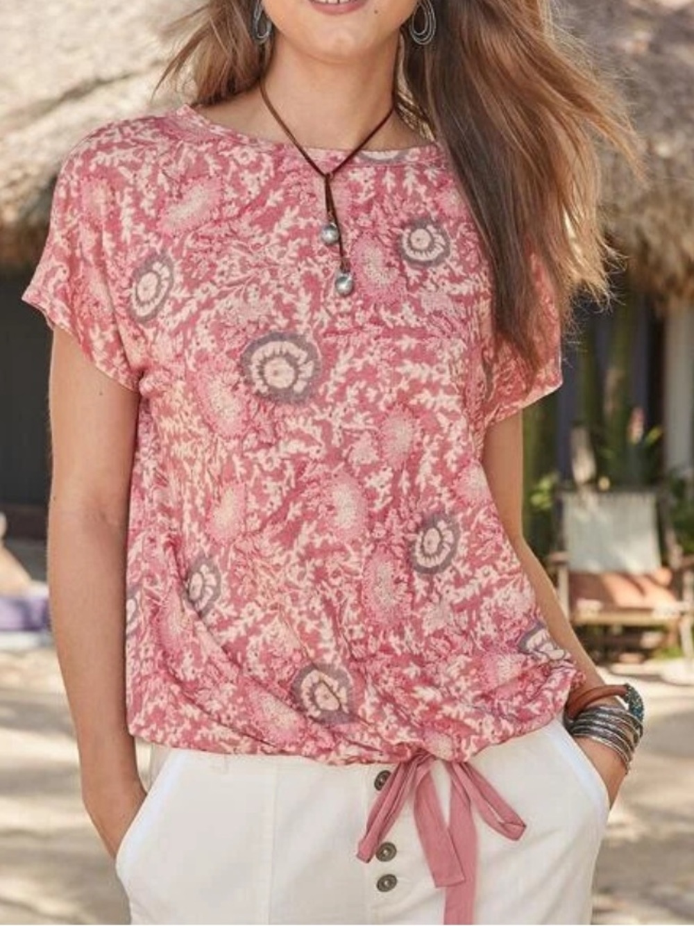 Sundance Batik Linen Floral Tie-Hem Tee